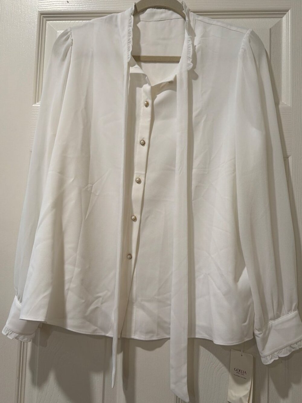Goelia Womens White Long Sleeve Blouse With Ruffle Collar & Tie Neck Large
